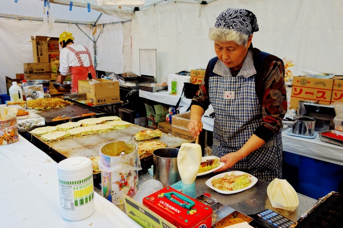 Oba-chan preparing okonomiyaki
