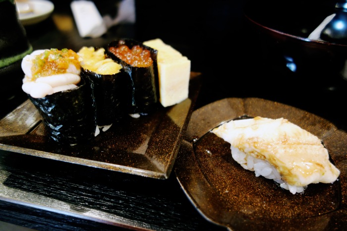 The semen sushi is the leftmost sushi in this photo.